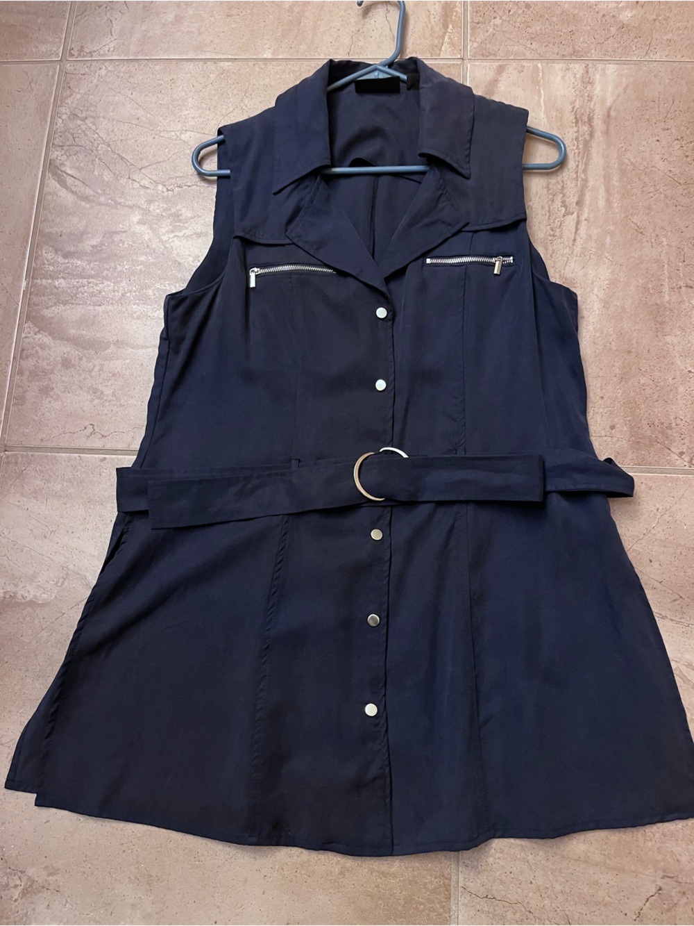 Sleeveless Navy Button-Front Tunic with Ring Waist Belt